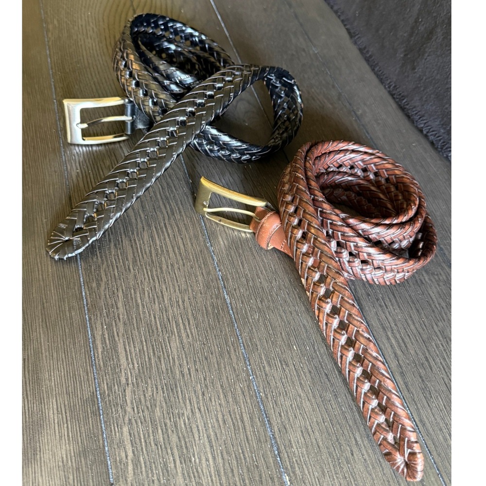 GH Bass Mens 44 Braided Woven Leather Belt Bundle Set Black Brown Office Prep